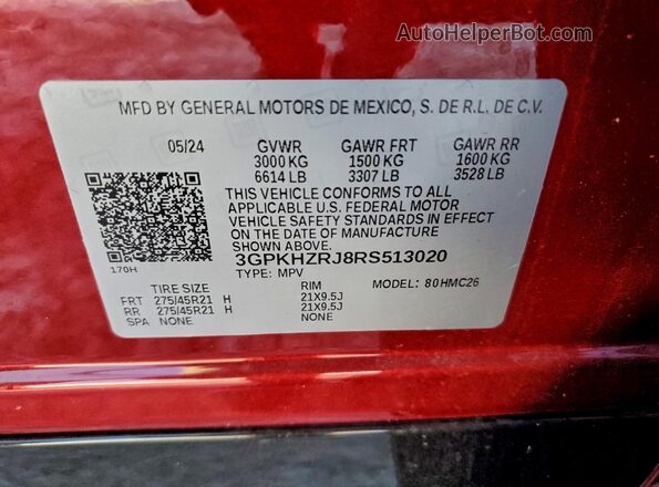 3GPKHZRJ8RS513020 2024 HONDA PROLOGUE Red Панорамний вид салону 360°