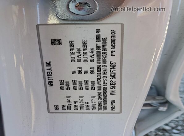 5YJ3E1EAXLF744927 2020 TESLA MODEL White VIN կոդի պիտակի տեսք