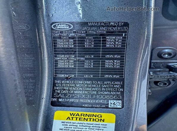 SALZP2FX3LH008563 2020 LAND ROVER RANGE Silver VIN კოდის სტიკერის ხედი