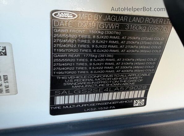 SALGS2SE4LA579028 2020 LAND ROVER RANGE ROVER White Rear interior view