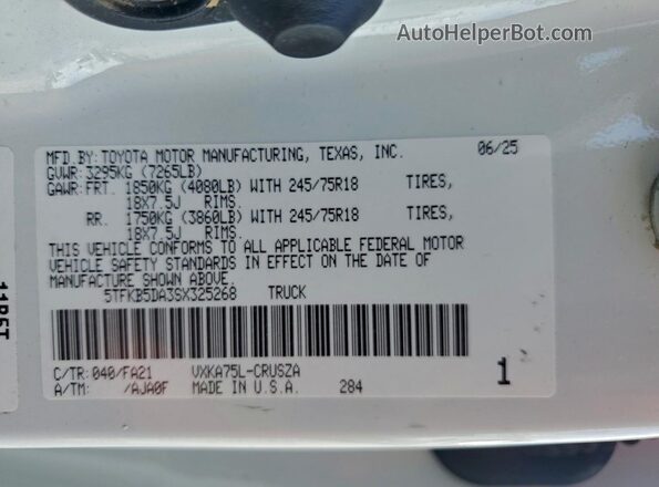 5TFKB5DA3SX325268 2025 TOYOTA LE White VIN կոդի պիտակի տեսք