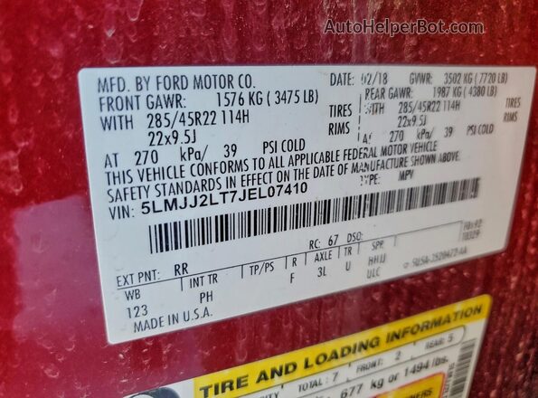 5LMJJ2LT7JEL07410 2018 LINCOLN NAVIGATOR Red 