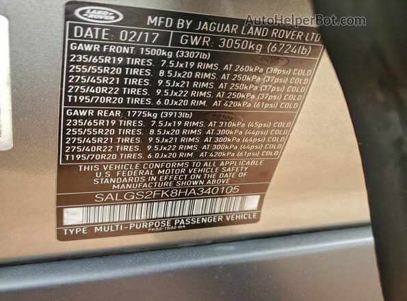 SALGS2FK8HA340105 2017 LAND ROVER RANGE Gray Widok wnętrza 360 stopni