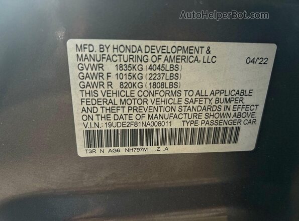 19UDE2F81NA008011 2022 ACURA ILX Gray 