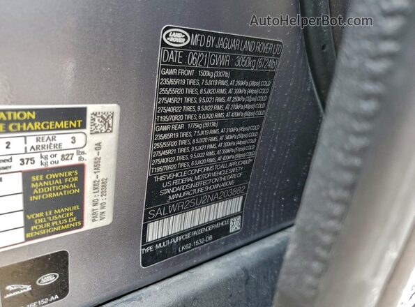 SALWR2SU2NA203882 2022 LAND ROVER RANGE Gray 