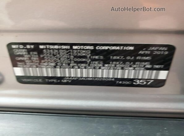 JA4AP3AU4KU028084 2019 MITSUBISHI OUTLANDER Silver 
