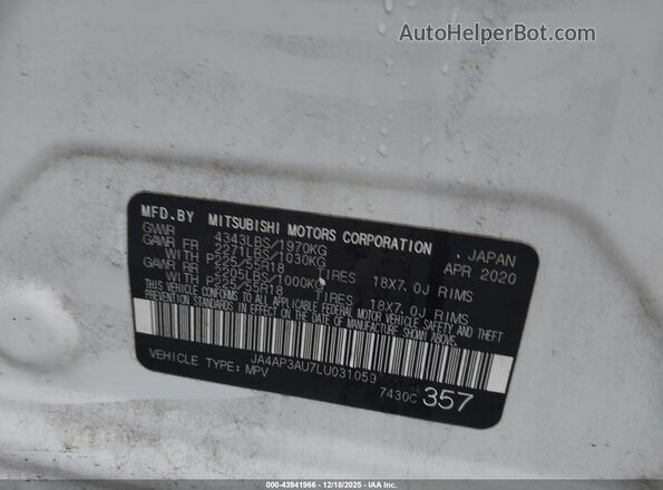 JA4AP3AU7LU031059 2020 MITSUBISHI OUTLANDER SPORT White Вид підкапотного простору