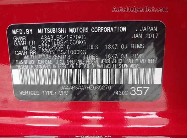 JA4AP3AW7HZ035270 2017 MITSUBISHI OUTLANDER SPORT Красный 