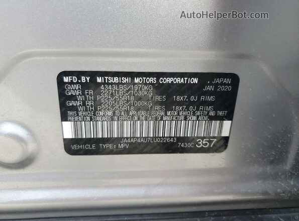 JA4AP4AU7LU022643 2020 MITSUBISHI OUTLANDER Silver Vista de la etiqueta del VIN