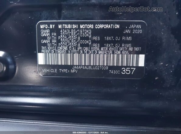 JA4AP4AU8LU027009 2020 MITSUBISHI OUTLANDER SPORT Black Вид підкапотного простору