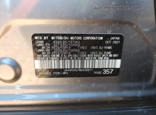 JA4APUAU7MU036611 2021 MITSUBISHI OUTLANDER Gray Vista interior de 360 grados