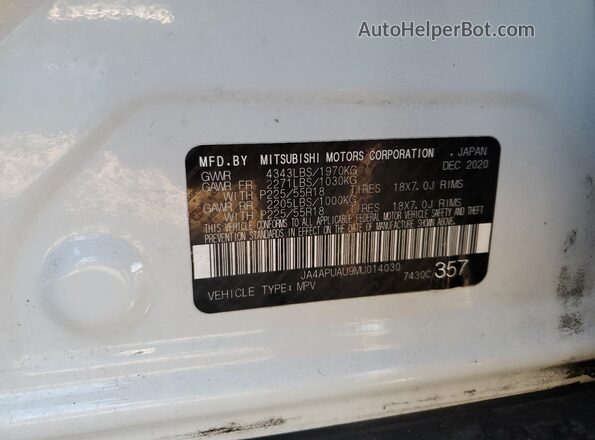 JA4APUAU9MU014030 2021 MITSUBISHI OUTLANDER White Vista de la etiqueta del VIN