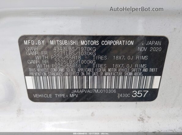JA4APVAU7MU010306 2021 MITSUBISHI OUTLANDER SPORT White 