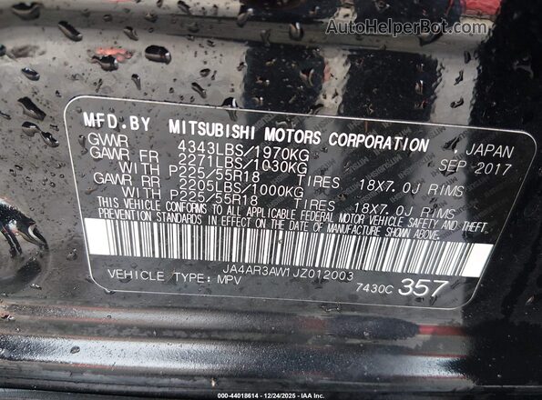 JA4AR3AW1JZ012003 2018 MITSUBISHI OUTLANDER SPORT Черный 