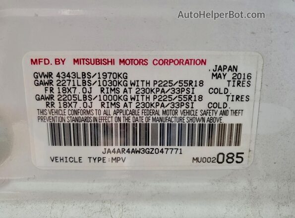 JA4AR4AW3GZ047771 2016 MITSUBISHI OUTLANDER White VIN კოდის სტიკერის ხედი
