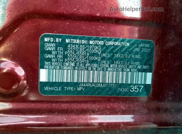 JA4ARUAU2MU017751 2021 MITSUBISHI OUTLANDER Красный Вид наклейки с VIN-кодом
