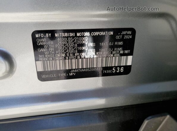 JA4ATVAA9SZ005173 2025 MITSUBISHI ECLIPSE Silver VIN კოდის სტიკერის ხედი