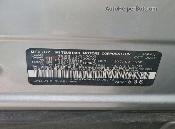 JA4ATVAA9SZ005173 2025 MITSUBISHI ECLIPSE Silver VIN კოდის სტიკერის ხედი
