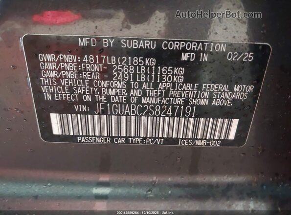 JF1GUABC2S8247191 2025 SUBARU IMPREZA Серый Вид подкапотного пространства