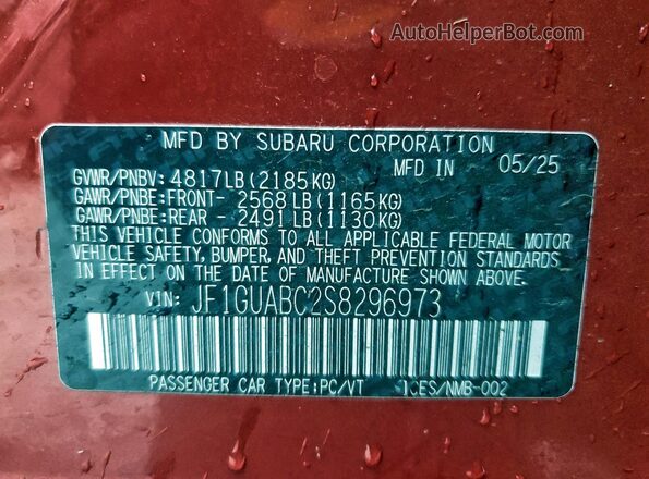 JF1GUABC2S8296973 2025 SUBARU IMPREZA Красный Вид наклейки с VIN-кодом