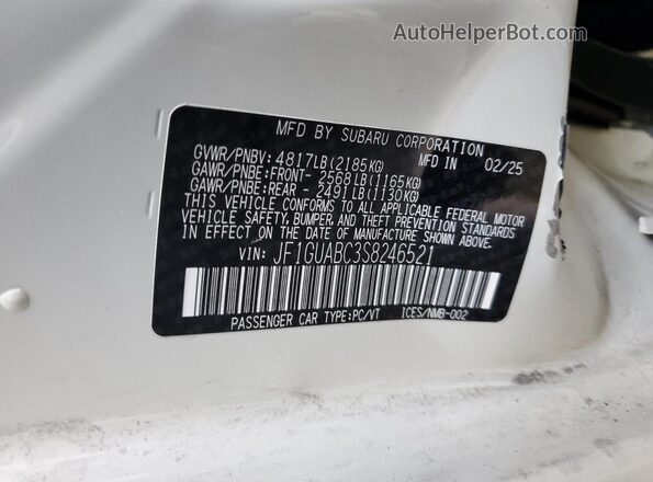 JF1GUABC3S8246521 2025 SUBARU IMPREZA Белый Вид наклейки с VIN-кодом