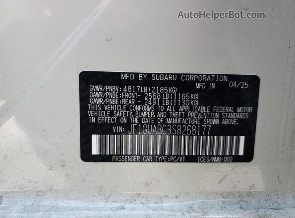 JF1GUABC3S8268177 2025 SUBARU IMPREZA White Engine compartment view