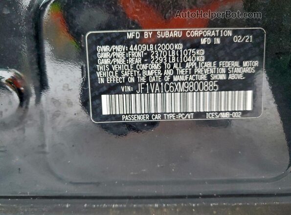 JF1VA1C6XM9800885 2021 SUBARU WRX Black ძრავის განყოფილების ხედი