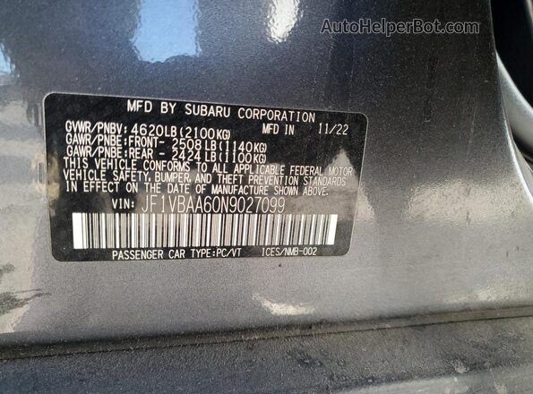 JF1VBAA60N9027099 2022 SUBARU WRX Gray Widok komory silnika