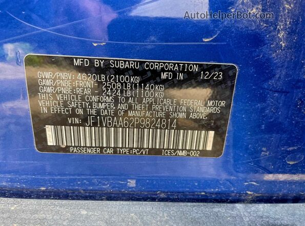 JF1VBAA62P9824814 2023 SUBARU WRX Blue უკანა სალონის ხედი