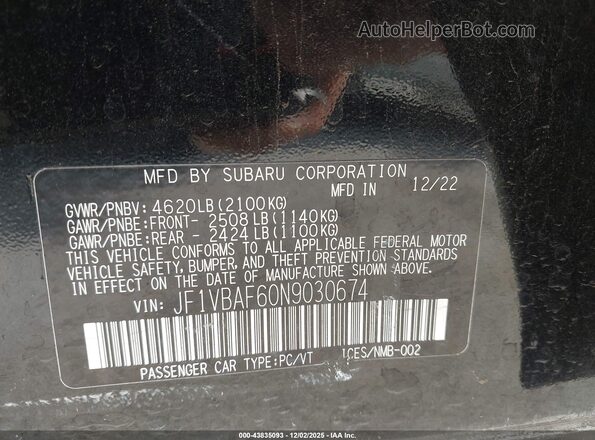 JF1VBAF60N9030674 2022 SUBARU WRX Black Вид підкапотного простору