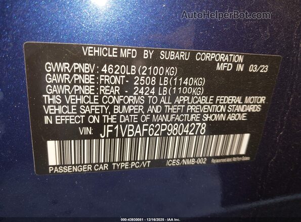 JF1VBAF62P9804278 2023 SUBARU WRX Blue Engine compartment view