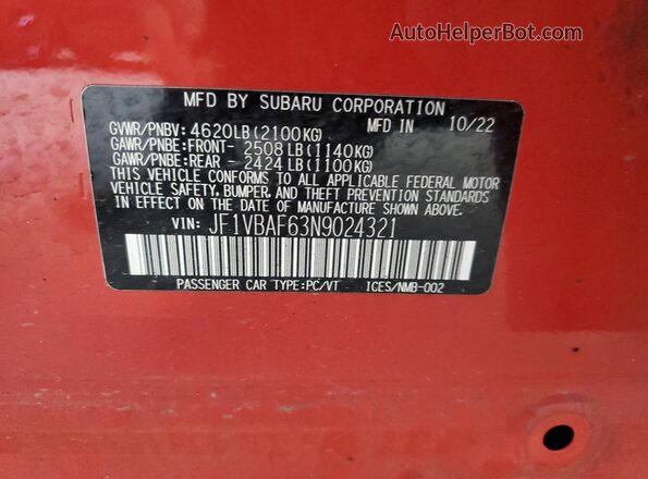 JF1VBAF63N9024321 2022 SUBARU WRX Red VIN sticker view