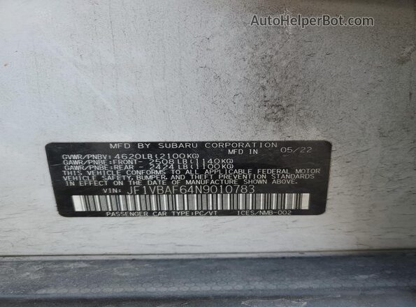 JF1VBAF64N9010783 2022 SUBARU WRX White Engine compartment view