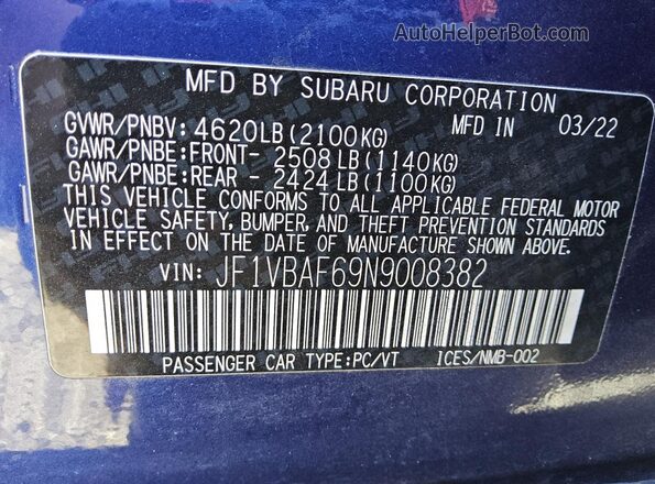 JF1VBAF69N9008382 2022 SUBARU WRX Blue Вид підкапотного простору