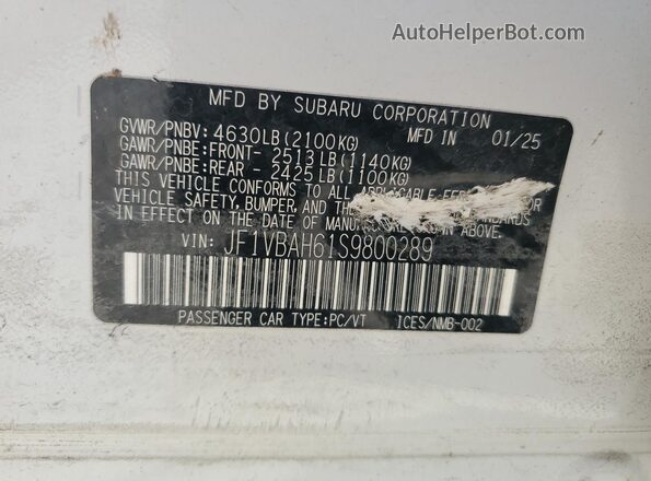 JF1VBAH61S9800289 2025 SUBARU WRX White Вид підкапотного простору