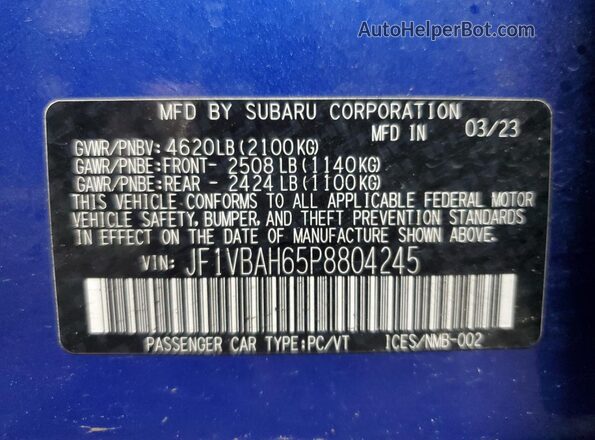 JF1VBAH65P8804245 2023 SUBARU WRX Blue Vista del compartimento del motor