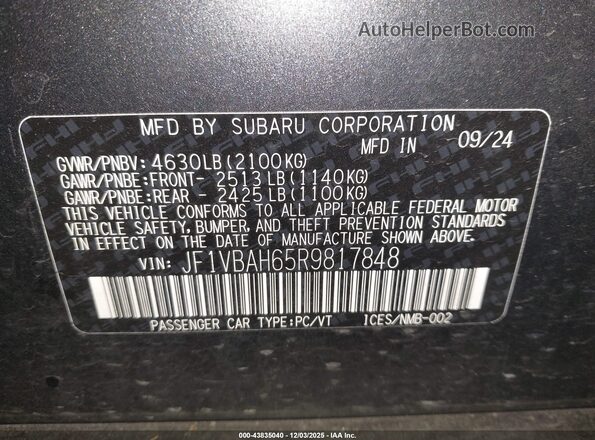 JF1VBAH65R9817848 2024 SUBARU WRX Gray Vista del compartimento del motor