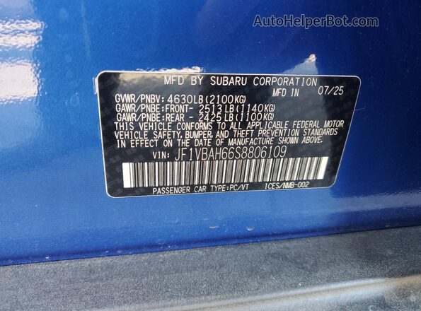 JF1VBAH66S8806109 2025 SUBARU WRX Blue Вид підкапотного простору