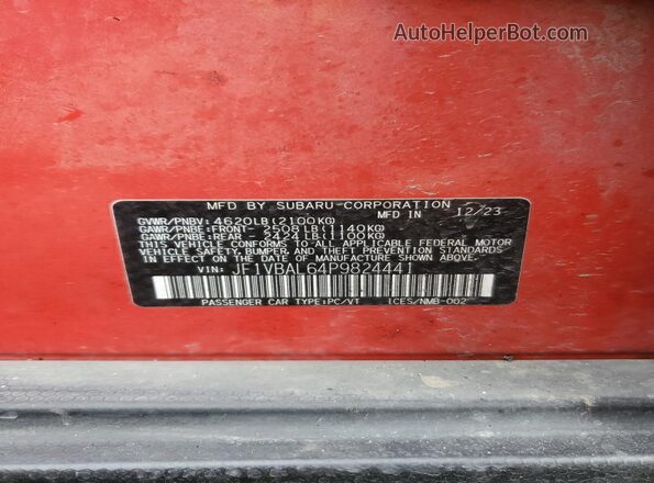 JF1VBAL64P9824441 2023 SUBARU WRX Red Շարժիչի բաժամունքի տեսք