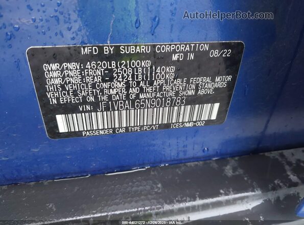 JF1VBAL65N9018783 2022 SUBARU WRX Blue Widok komory silnika