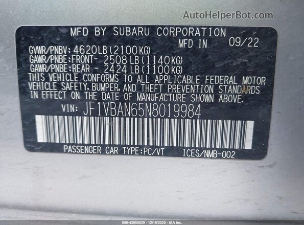 JF1VBAN65N8019984 2022 SUBARU WRX Silver ძრავის განყოფილების ხედი