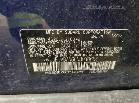 JF1VBAN66N8030654 2022 SUBARU WRX Blue Вид наклейки з VIN-кодом