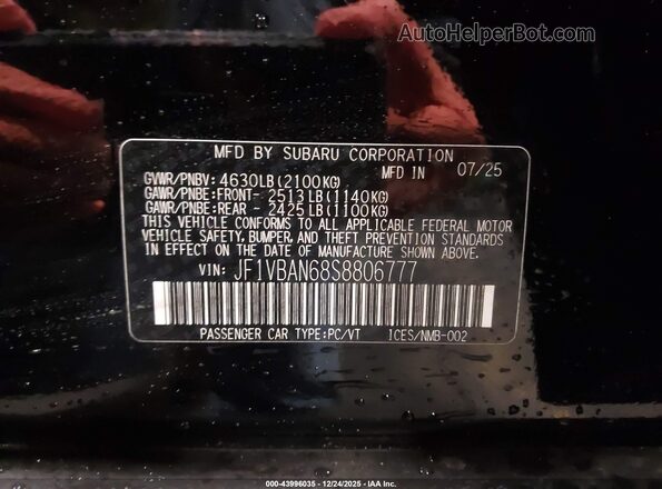 JF1VBAN68S8806777 2025 SUBARU WRX Black Widok naklejki z numerem VIN