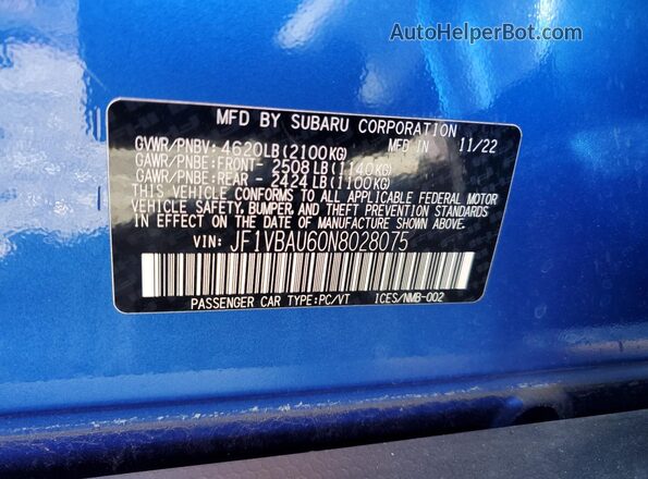 JF1VBAU60N8028075 2022 SUBARU WRX Blue Widok komory silnika