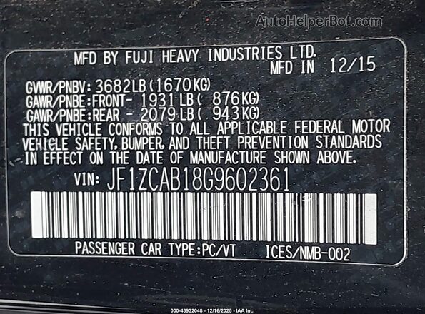 JF1ZCAB18G9602361 2016 SUBARU BRZ Black Engine compartment view