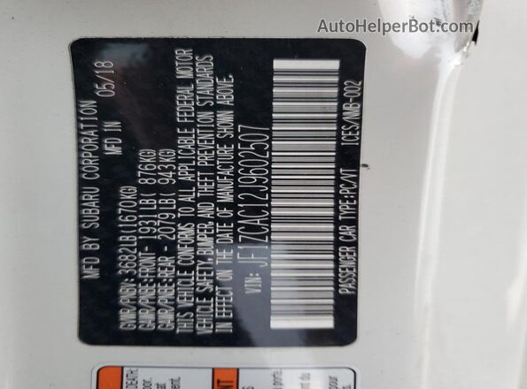 JF1ZCAC12J9602507 2018 SUBARU BRZ White VIN sticker view