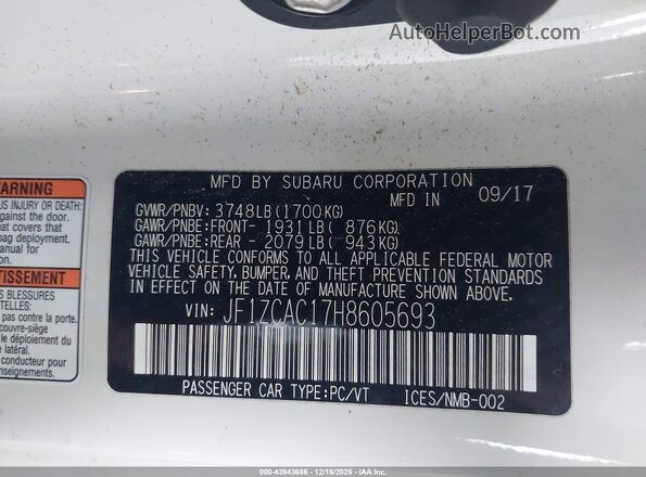 JF1ZCAC17H8605693 2017 SUBARU BRZ White Вид підкапотного простору