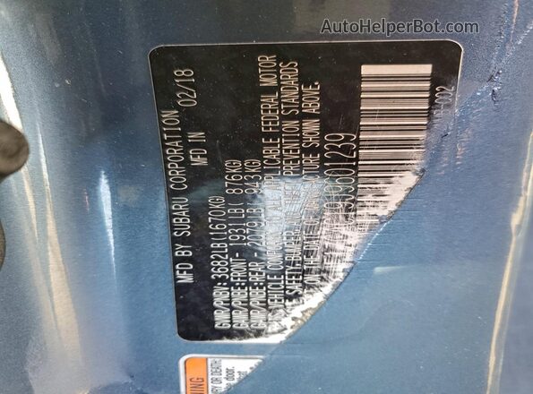 JF1ZCAC19J9601239 2018 SUBARU BRZ Blue Vista de la etiqueta del VIN