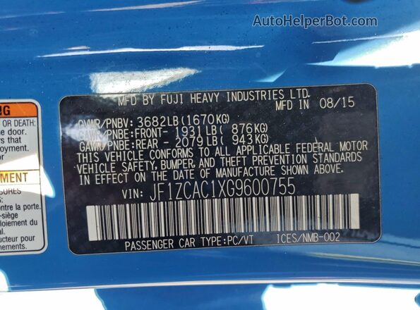 JF1ZCAC1XG9600755 2016 SUBARU BRZ Blue Engine compartment view
