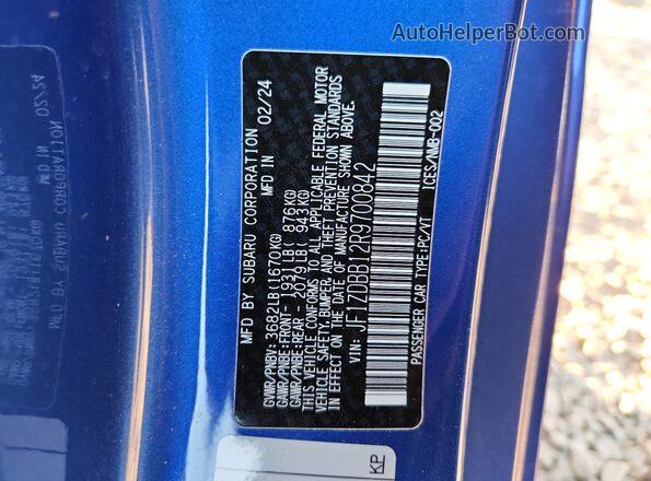 JF1ZDBB12R9700842 2024 SUBARU BRZ Blue VIN կոդի պիտակի տեսք